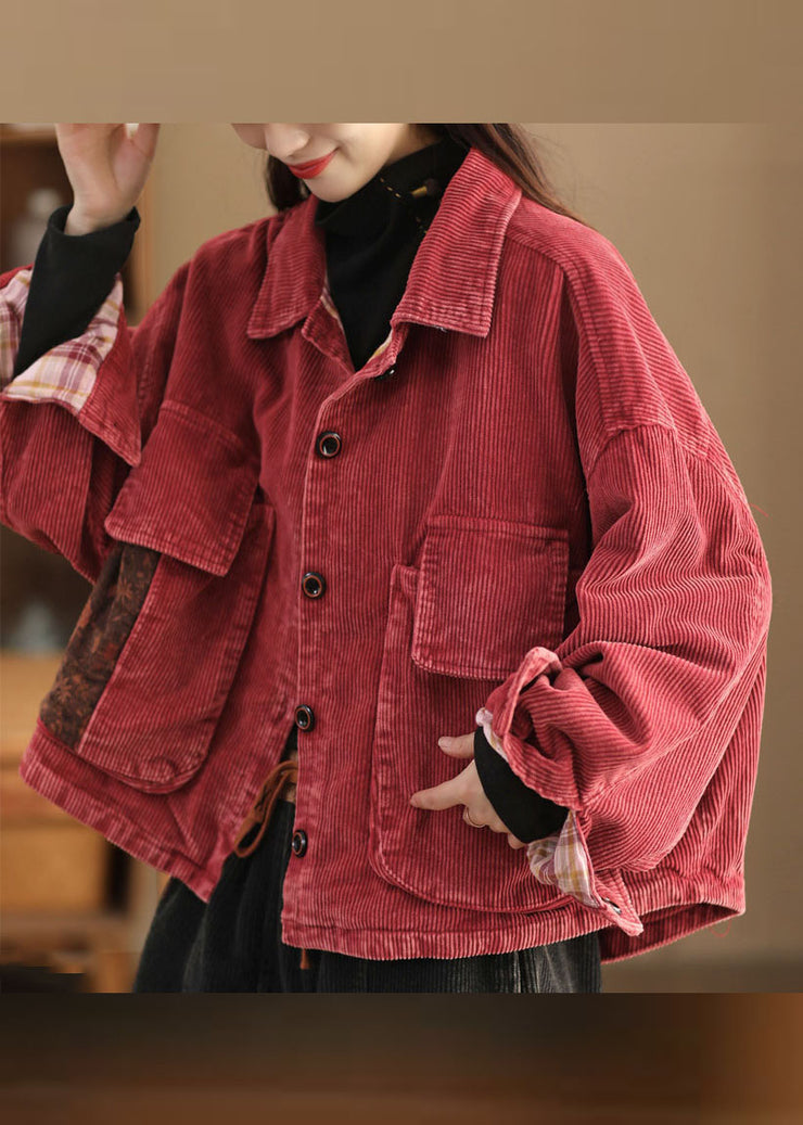 Retro Red Peter Pan Collar Pockets Patchwork Button Corduroy Coat Long Sleeve