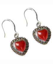 Retro Red Sterling Silver Agate Zircon Love Drop Earrings