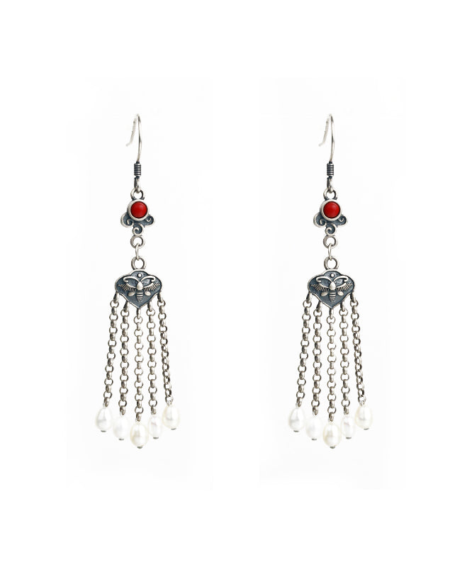 Retro Silk Sterling Silver Agate Pearl Tassel Drop Earrings