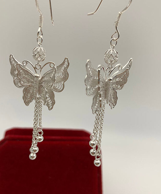 Retro Silk Sterling Silver Butterfly Tassel Drop Earrings