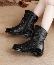 Retro Splicing Boots Black Cowhide Leather Hollow Out