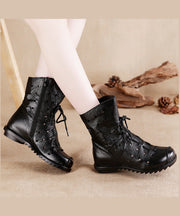 Retro Splicing Boots Black Cowhide Leather Hollow Out