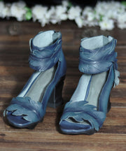 Retro Splicing Chunky Sandals Blue Cowhide Leather Peep Toe