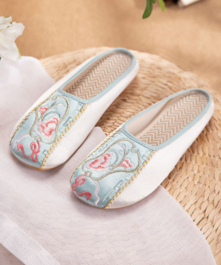 Retro Splicing Embroidered Flat Slide Sandals Light Green Cotton Fabric