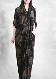 Retro V Neck Asymmetrical Print Pockets draping Silk Dress Half Sleeve