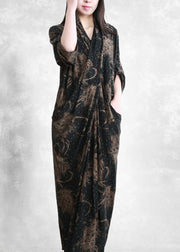 Retro V Neck Asymmetrical Print Pockets draping Silk Dress Half Sleeve