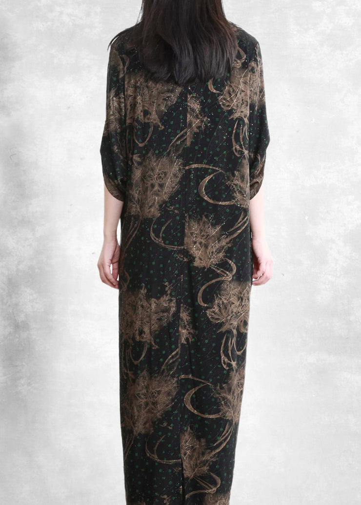 Retro V Neck Asymmetrical Print Pockets draping Silk Dress Half Sleeve