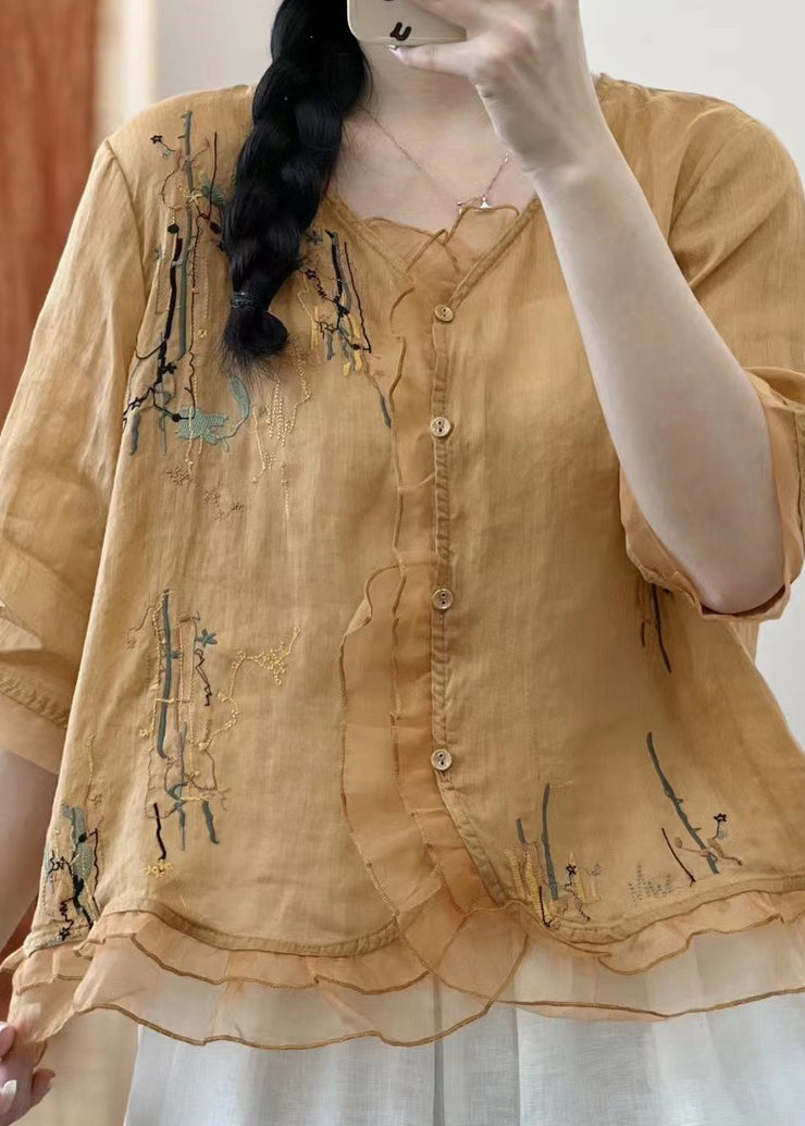 Retro Yellow Ruffled Embroidered Patchwork Linen Shirts Summer