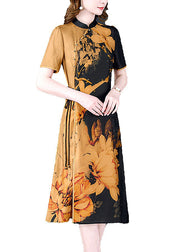 Retro Yellow Stand Collar Tie Dye Tie Waist Silk Cheongsam Dress Short Sleeve