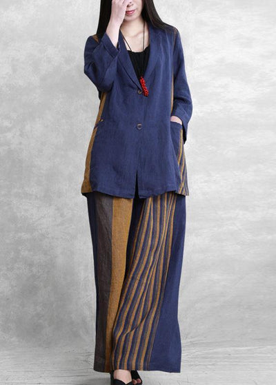 Retro fashion blue two-piece suit female casual small suit + wide-leg pants autumn style - bagstylebliss