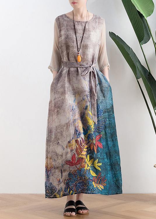 Retro style silk dress linen dress gray leaf print loose simple tie waist dress - bagstylebliss