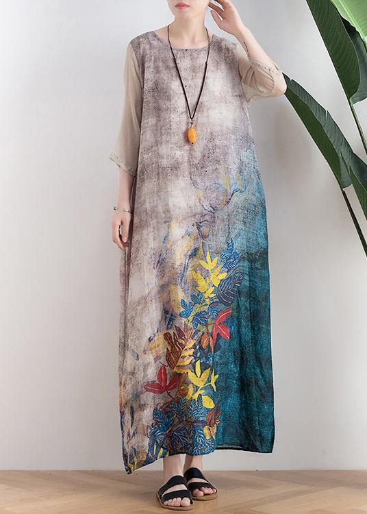 Retro style silk dress linen dress gray leaf print loose simple tie waist dress - bagstylebliss