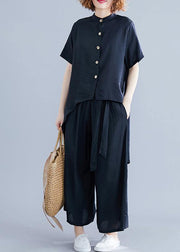 Retro suit silk hemp irregular short-sleeved shirt + elastic waist strap wide leg pants black was thin - bagstylebliss