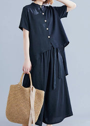 Retro suit silk hemp irregular short-sleeved shirt + elastic waist strap wide leg pants black was thin - bagstylebliss