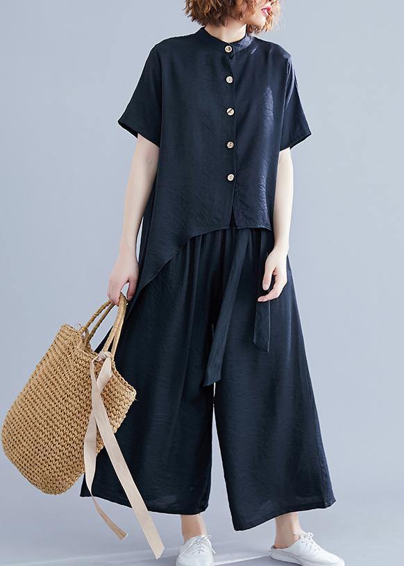 Retro suit silk hemp irregular short-sleeved shirt + elastic waist strap wide leg pants black was thin - bagstylebliss