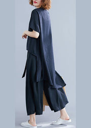 Retro suit silk hemp irregular short-sleeved shirt + elastic waist strap wide leg pants black was thin - bagstylebliss