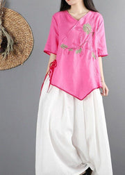 Rose Cotton Shirt Top V Neck Embroideried Half Sleeve