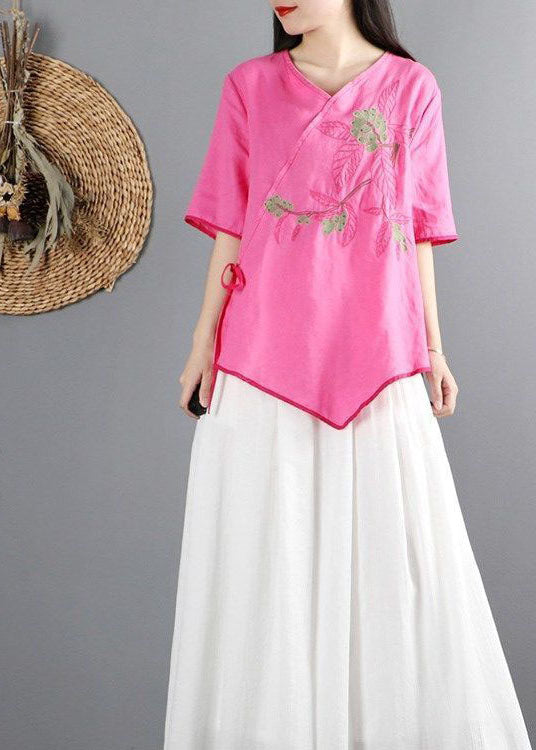 Rose Cotton Shirt Top V Neck Embroideried Half Sleeve