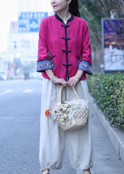 Rose Linen Blouse Top Stand Collar Long Sleeve