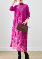 Rose Patchwork Knit Robe Dresses Embroidered Fall