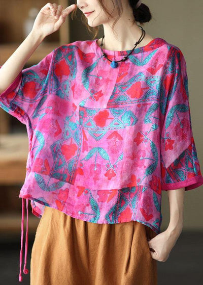 Rose Print Side Open Drawstring Print Summer Ramie Blouses - bagstylebliss