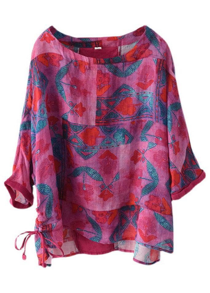 Rose Print Side Open Drawstring Print Summer Ramie Blouses - bagstylebliss