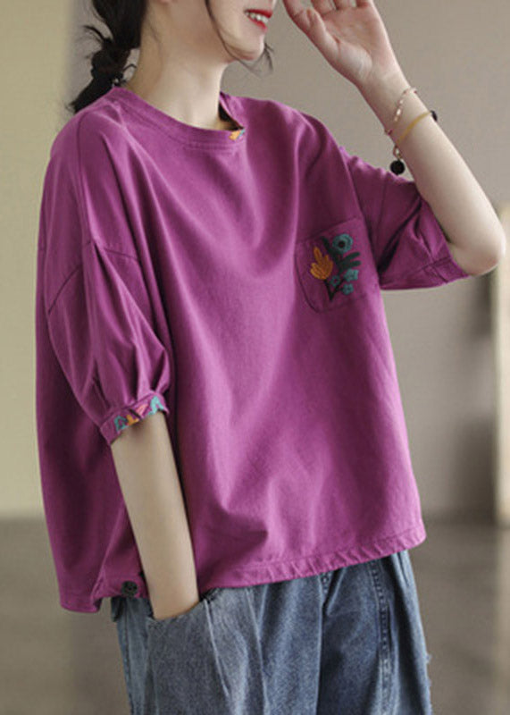 Rose Purple O-Neck Pockets T-Shirt halbe Ärmel