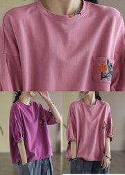 Rose Purple O-Neck Pockets T-Shirt halbe Ärmel