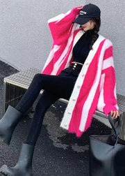 Rose Striped Mink Hair Knitted Loose Coat Oversized Batwing Sleeve