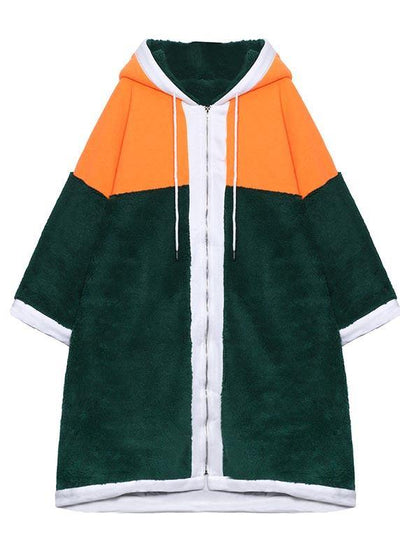 Luxury Mid-length Coats Green Hooded Patchwork Teddy Coat - bagstylebliss