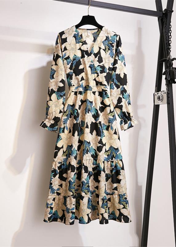 Natural Print Chiffon Clothes For Women V Neck Wrinkled Art Dresses - bagstylebliss