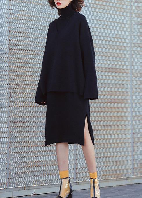 Set female 2019 large size turtleneck sweater suit skirt black two-piece long paragraph over the knee - bagstylebliss