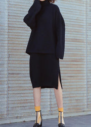 Set female 2019 large size turtleneck sweater suit skirt black two-piece long paragraph over the knee - bagstylebliss