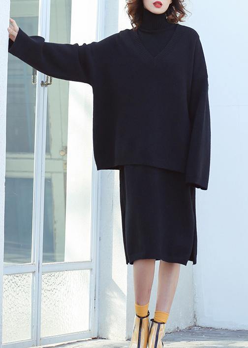 Set female 2019 large size turtleneck sweater suit skirt black two-piece long paragraph over the knee - bagstylebliss