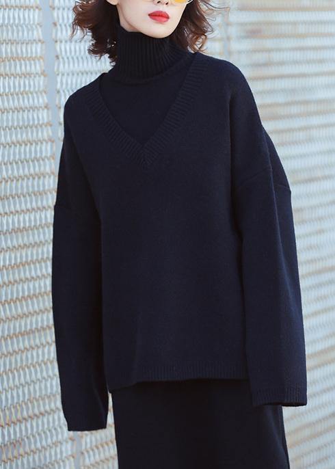 Set female 2019 large size turtleneck sweater suit skirt black two-piece long paragraph over the knee - bagstylebliss