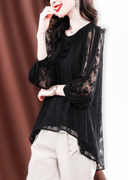 Sexy Black O-Neck Button low high design Tulle Embroideried Silk Tops Long sleeve