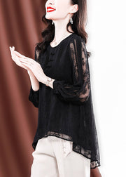 Sexy Black O-Neck Button low high design Tulle Embroideried Silk Tops Long sleeve