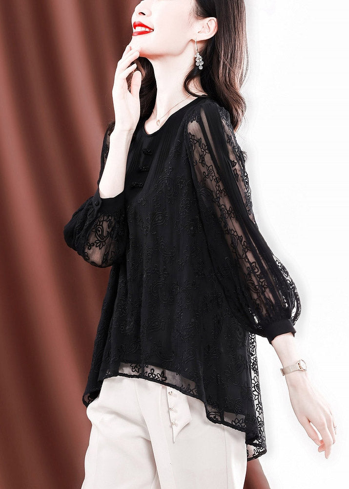 Sexy Black O-Neck Button low high design Tulle Embroideried Silk Tops Long sleeve