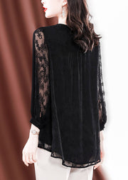 Sexy Black O-Neck Button low high design Tulle Embroideried Silk Tops Long sleeve