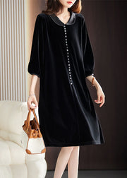 Sexy Black Peter Pan Collar Button Holiday Maxi Dress Fall