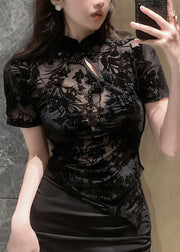 Sexy Black Stand Collar Embroidered Tulle Shirts Short Sleeve