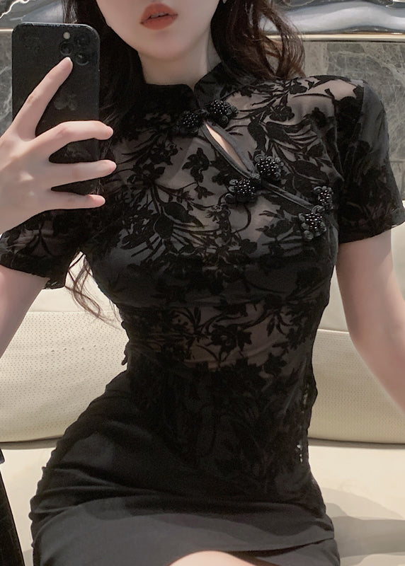 Sexy Black Stand Collar Embroidered Tulle Shirts Short Sleeve