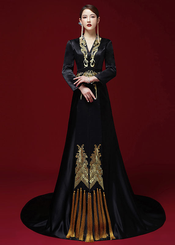 Sexy Black V Neck Embroidered Silk Maxi Dress Long Sleeve