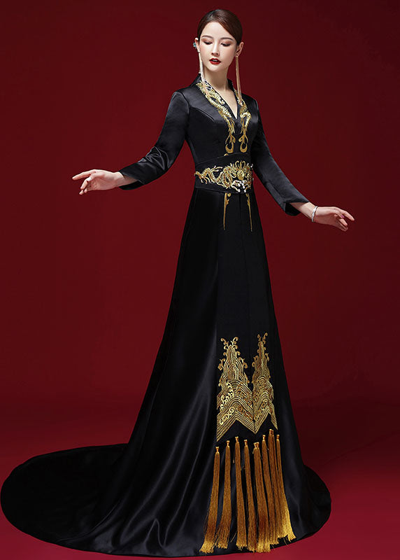 Sexy Black V Neck Embroidered Silk Maxi Dress Long Sleeve