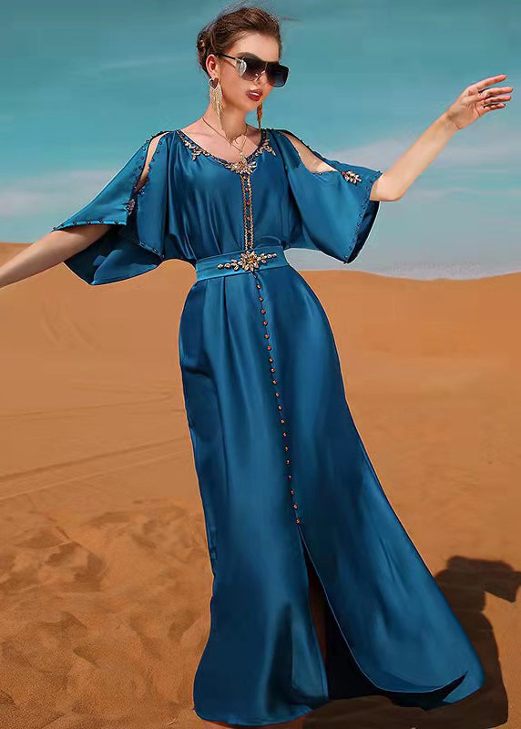 Sexy Blue O-Neck Patchwork Zircon Satin Maxi Dress Short Sleeve