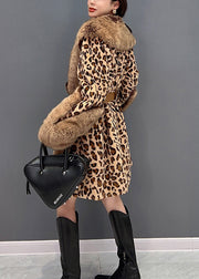 Sexy Leopard Fur Collar Print Patchwork Button Tie Waist Mink Velvet Leather And Fur Thick Coats Winter