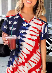 Sexy Red Blue V Neck Independence Day Print Off The Shoulder Spaghetti Strap Mid Dress Short Sleeve