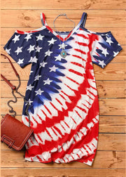 Sexy Red Blue V Neck Independence Day Print Off The Shoulder Spaghetti Strap Mid Dress Short Sleeve