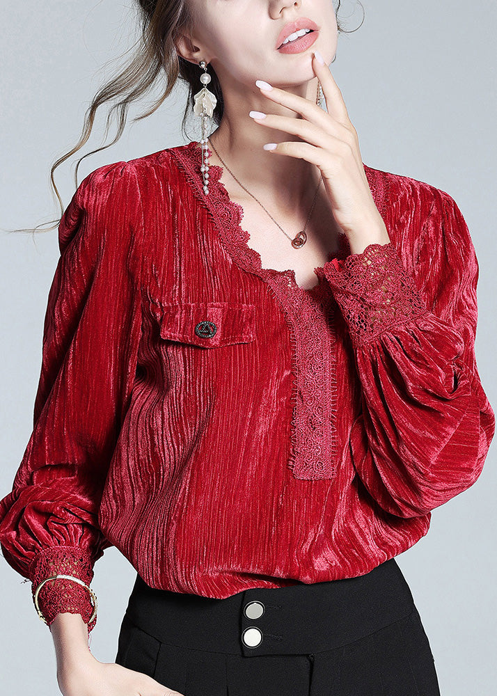 Sexy Red V Neck Lace Patchwork Silk Velour Top Long Sleeve