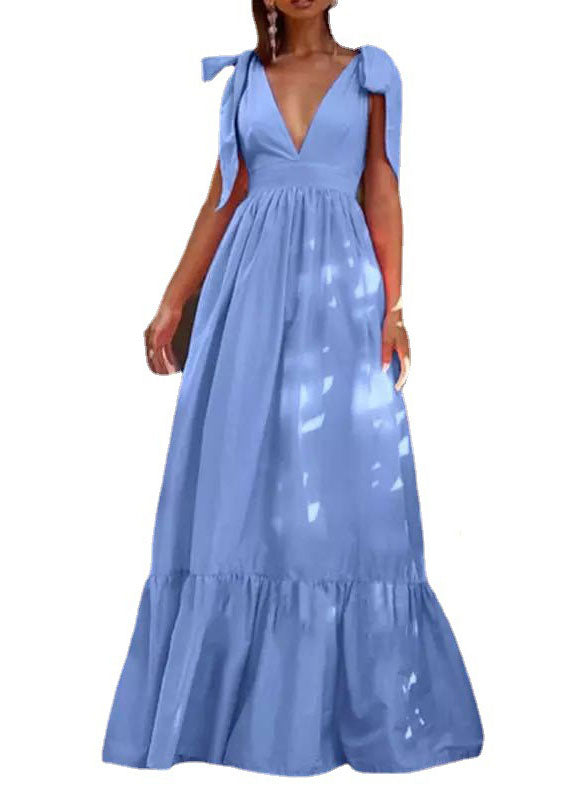 Sexy Sky Blue Wrinkled V Neck Patchwork Ruffles Maxi Dress Vestidos Sleeveless